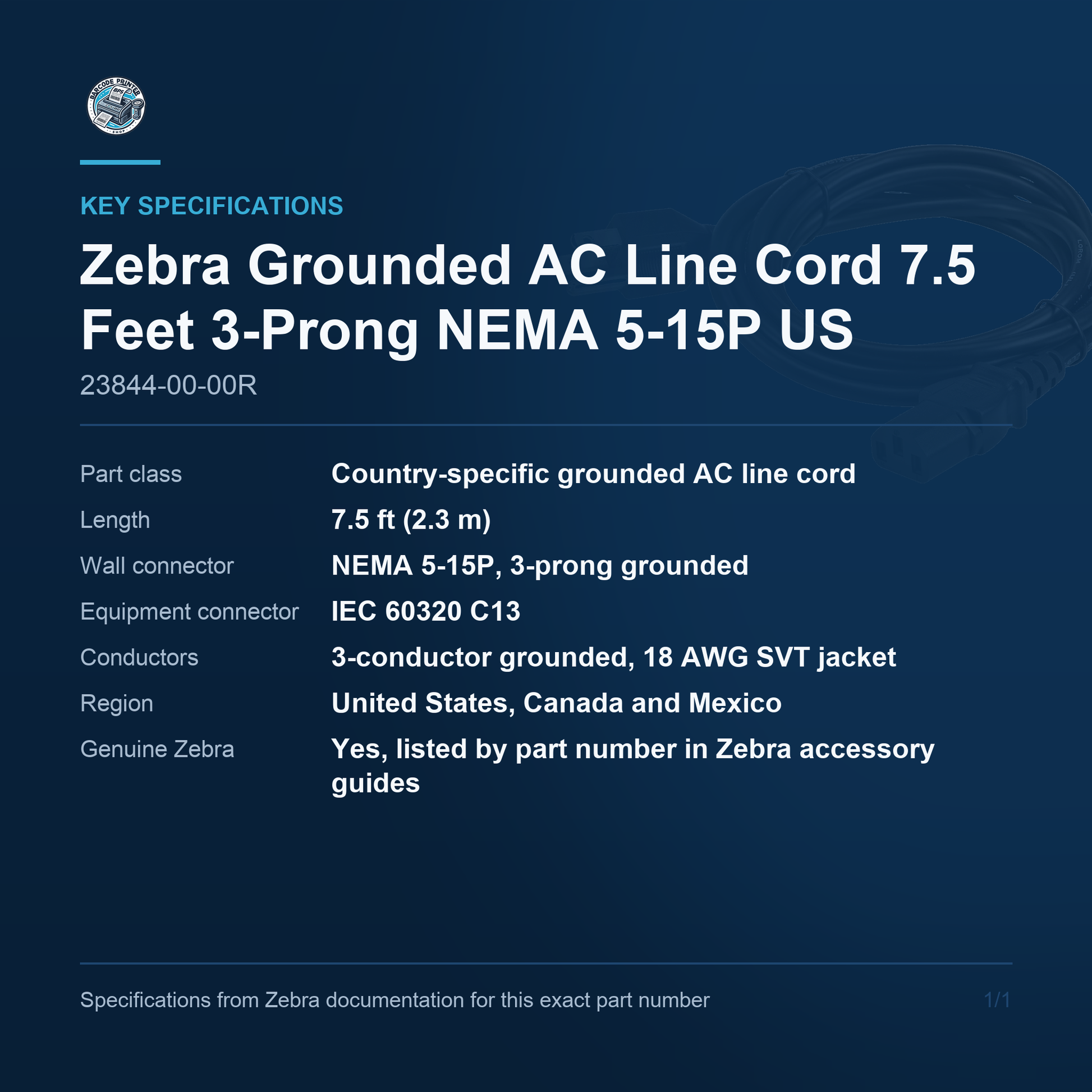 Zebra Grounded AC Line Cord 7.5 Feet 3-Prong NEMA 5-15P 23844-00-00R key specifications