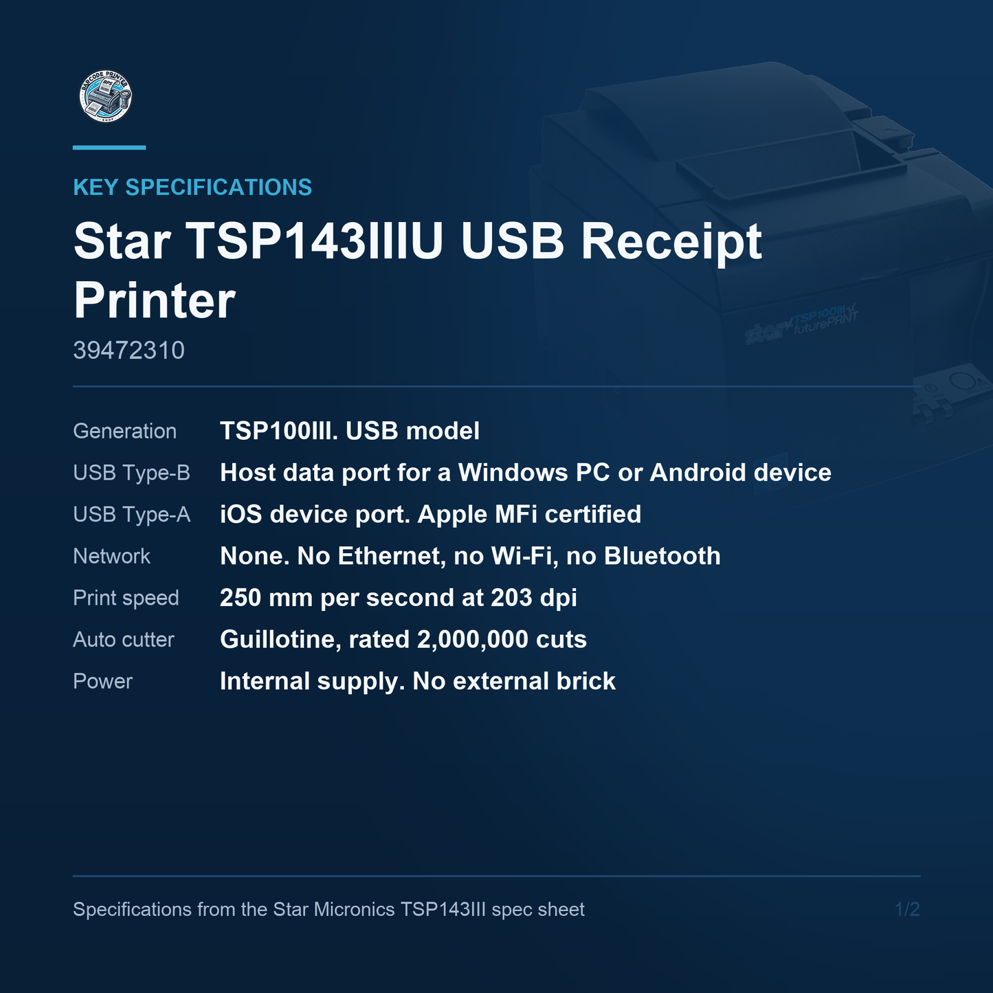 Star Micronics TSP143IIIU USB receipt printer 39472310 key specifications