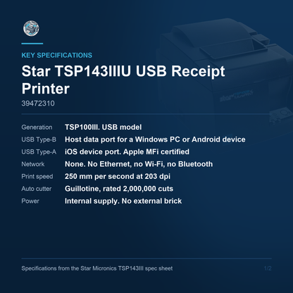 Star Micronics TSP143IIIU USB receipt printer 39472310 key specifications