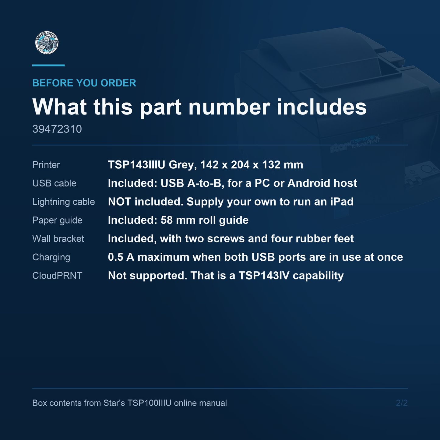 Star Micronics TSP143IIIU 39472310 - what this part number includes, Lightning cable not supplied
