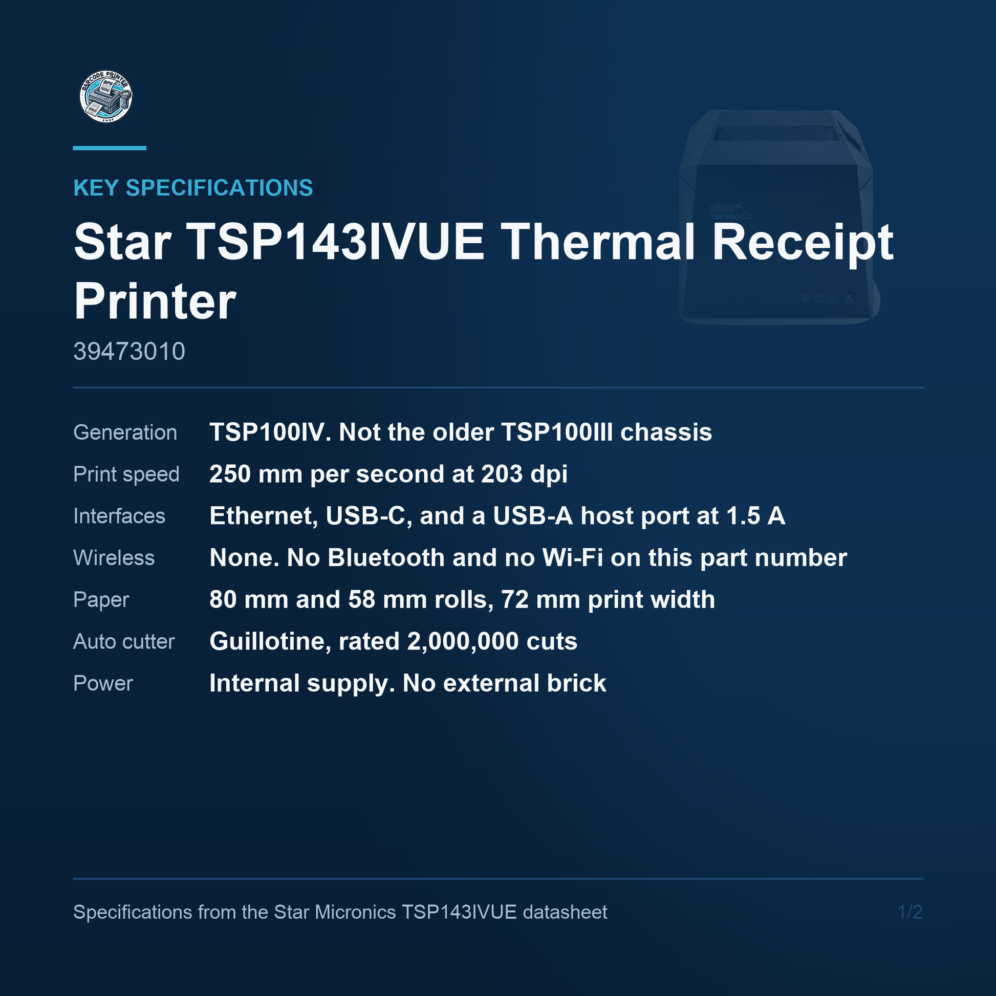 Star Micronics TSP143IVUE receipt printer 39473010 key specifications