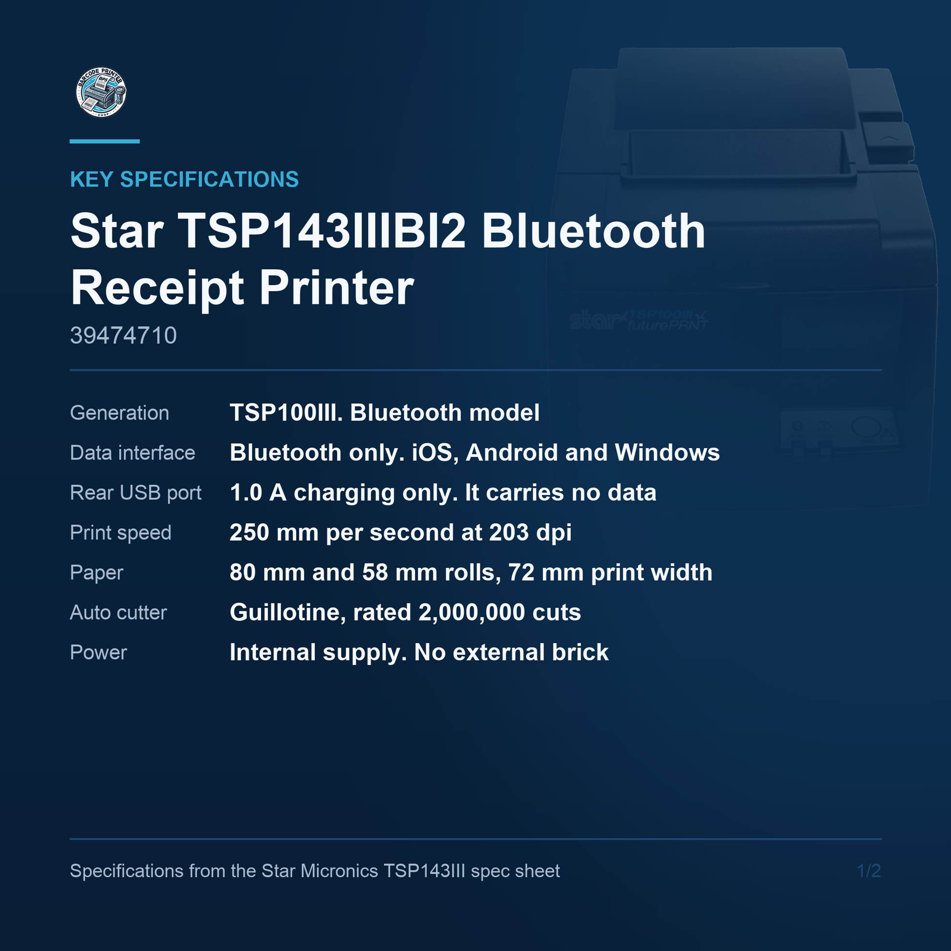 Star Micronics TSP143IIIBI2 Bluetooth receipt printer 39474710 key specifications