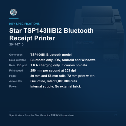 Star Micronics TSP143IIIBI2 Bluetooth receipt printer 39474710 key specifications