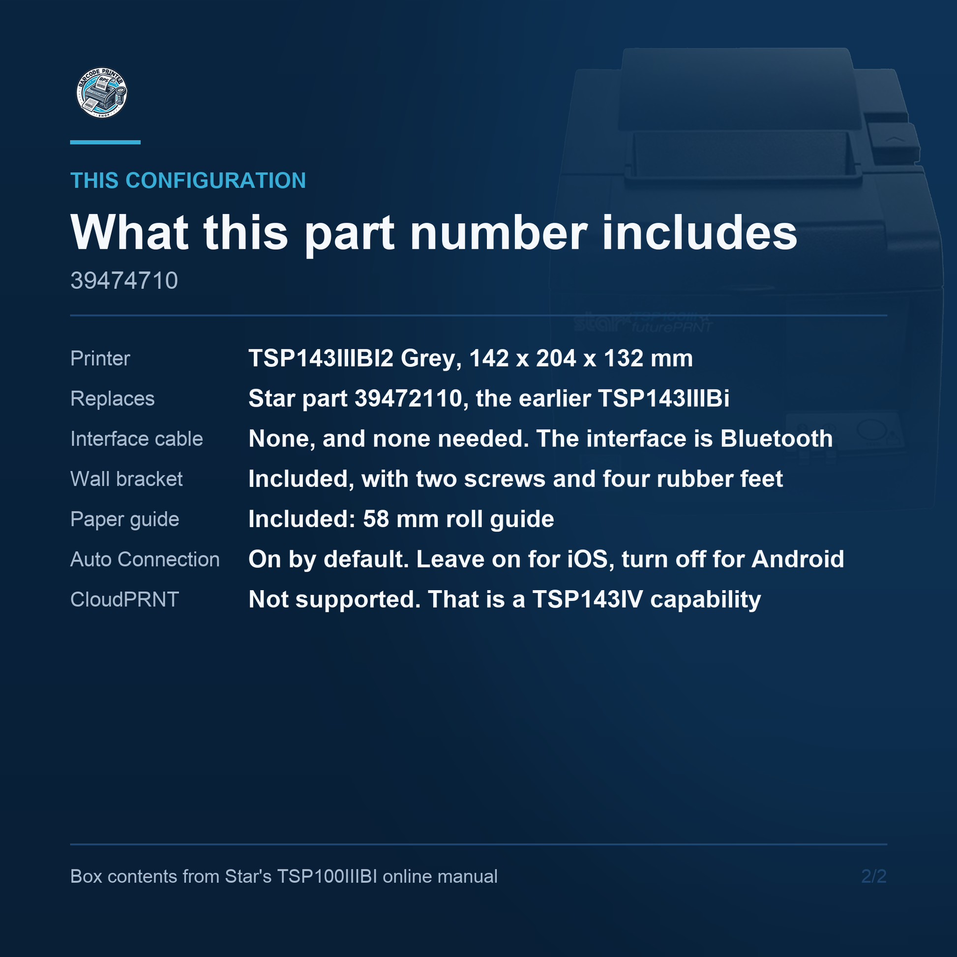 Star Micronics TSP143IIIBI2 39474710 - what this part number includes