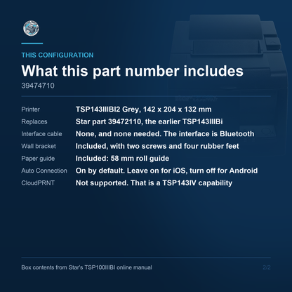 Star Micronics TSP143IIIBI2 39474710 - what this part number includes