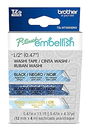 New, Pre-owned, Original Brother P-touch Embellish Blue Washi Tape Assortment TZeMT3US02M3- 3 Pack