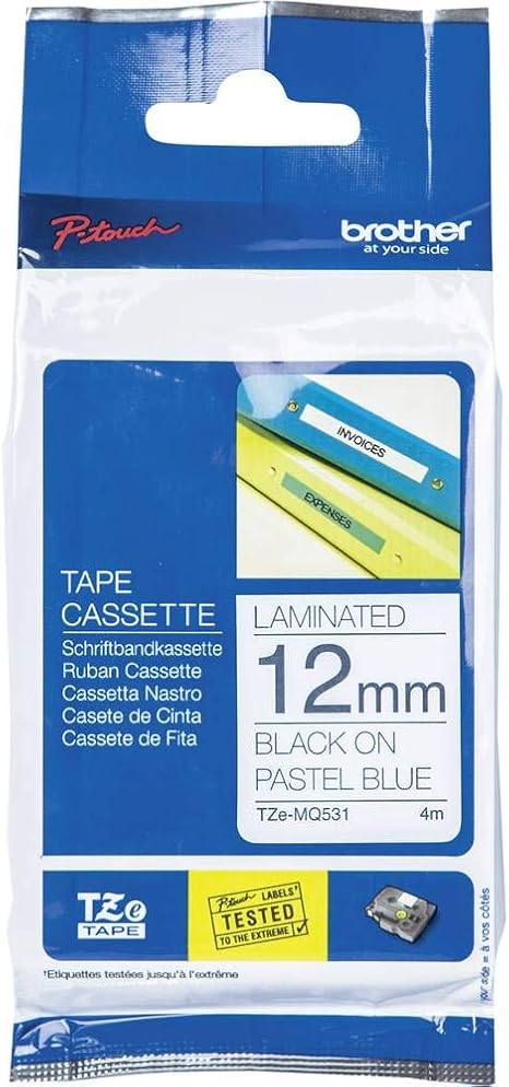 New, Pre-owned, Original Brother TZe-MQ531 Labelling Tape Cassette, Black on Pastel Blue, 12 mm (W) x 4 m (L), Laminated