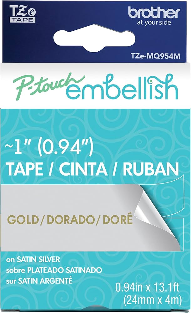 New, Pre-owned, Original Brother P-Touch Embellish Gold Print on Satin Silver Tape TZE-MQ954M - ~1" Wide x 13.1’ Long (24mm x 4m)- 2-Pack