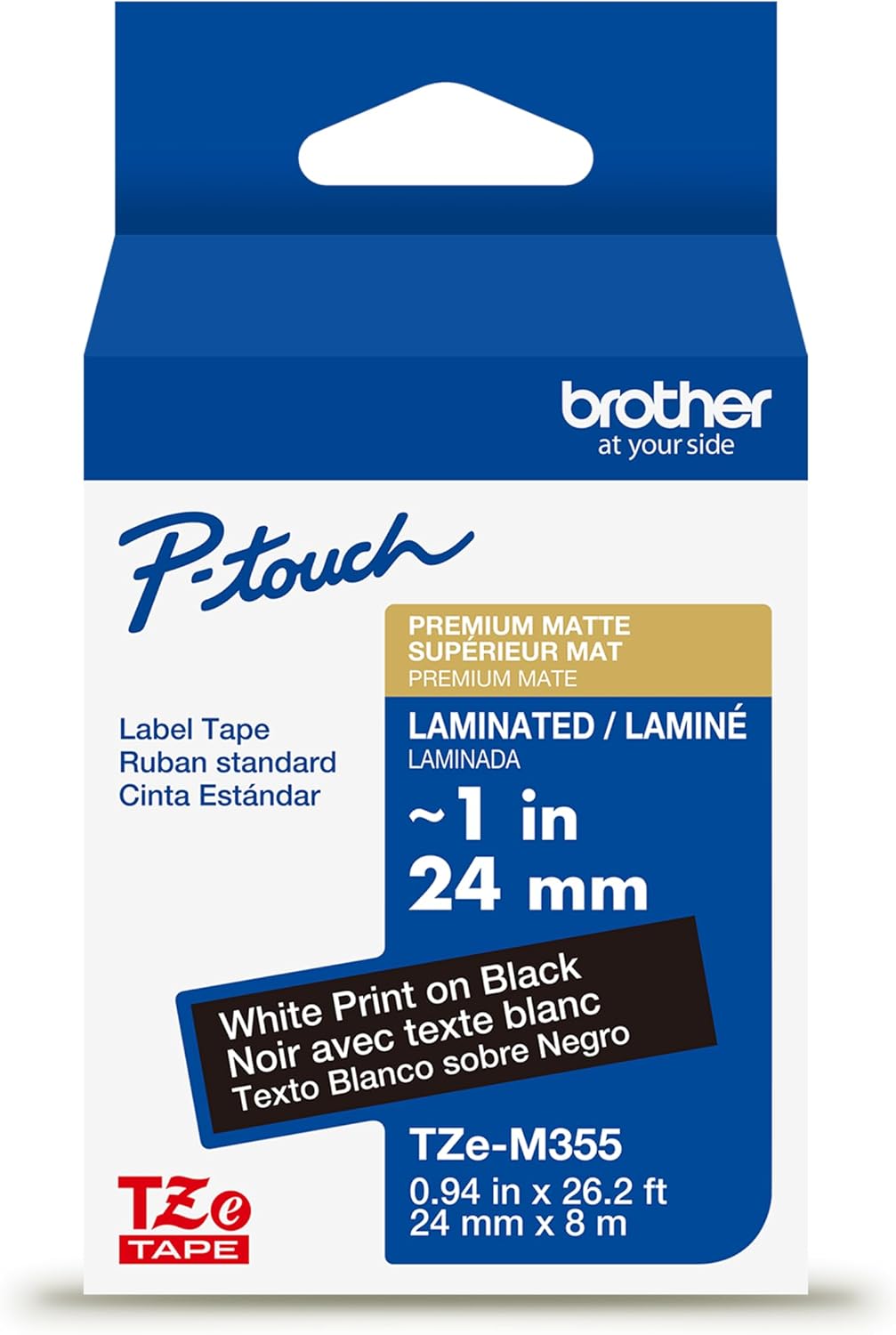 New, Pre-Owned, Genuine Brother P-Touch TZe, 1-1/2in x 26.2ft (36mm x 8m) White Print on Black Label Tape (TZeM355),
