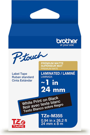 New, Pre-Owned, Genuine Brother P-Touch TZe, 1-1/2in x 26.2ft (36mm x 8m) White Print on Black Label Tape (TZeM355),