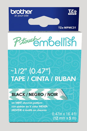 New, Pre-owned, Original Brother P-Touch Embellish Black Print on Mint Chevron Pattern Tape TZEMPMC31 – ~½” Wide x 13.1’ Long
