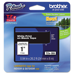 New, Pre-owned, Brother P-Touch TZE-355 Tape, 1" (0.94") Wide Standard Laminated Tape, White on Black, 0.94" x 26.2' (24mm x 8M), TZE355