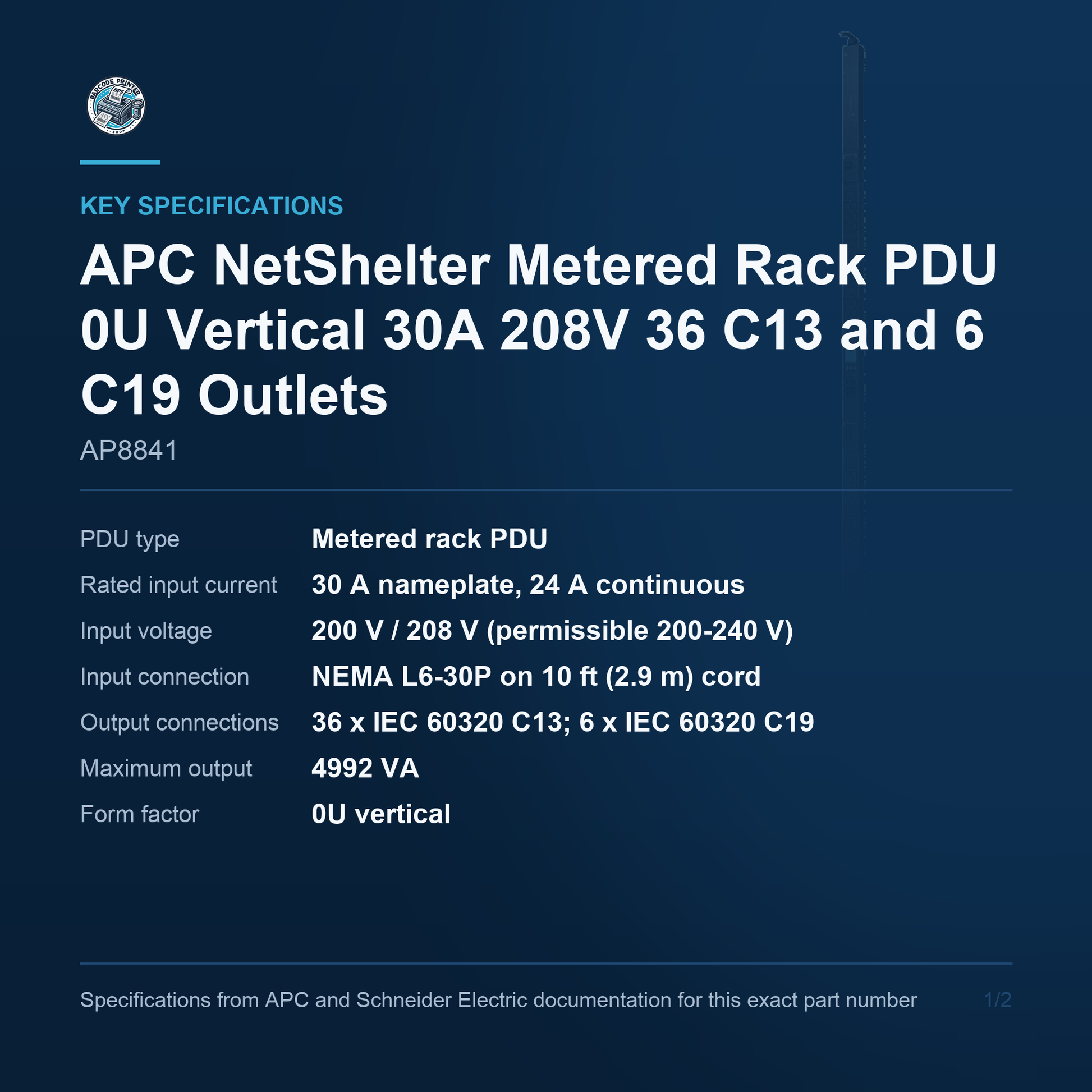 APC NetShelter Metered Rack PDU AP8841 key specifications