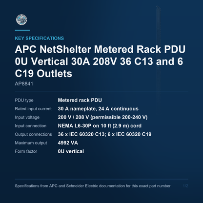 APC NetShelter Metered Rack PDU AP8841 key specifications