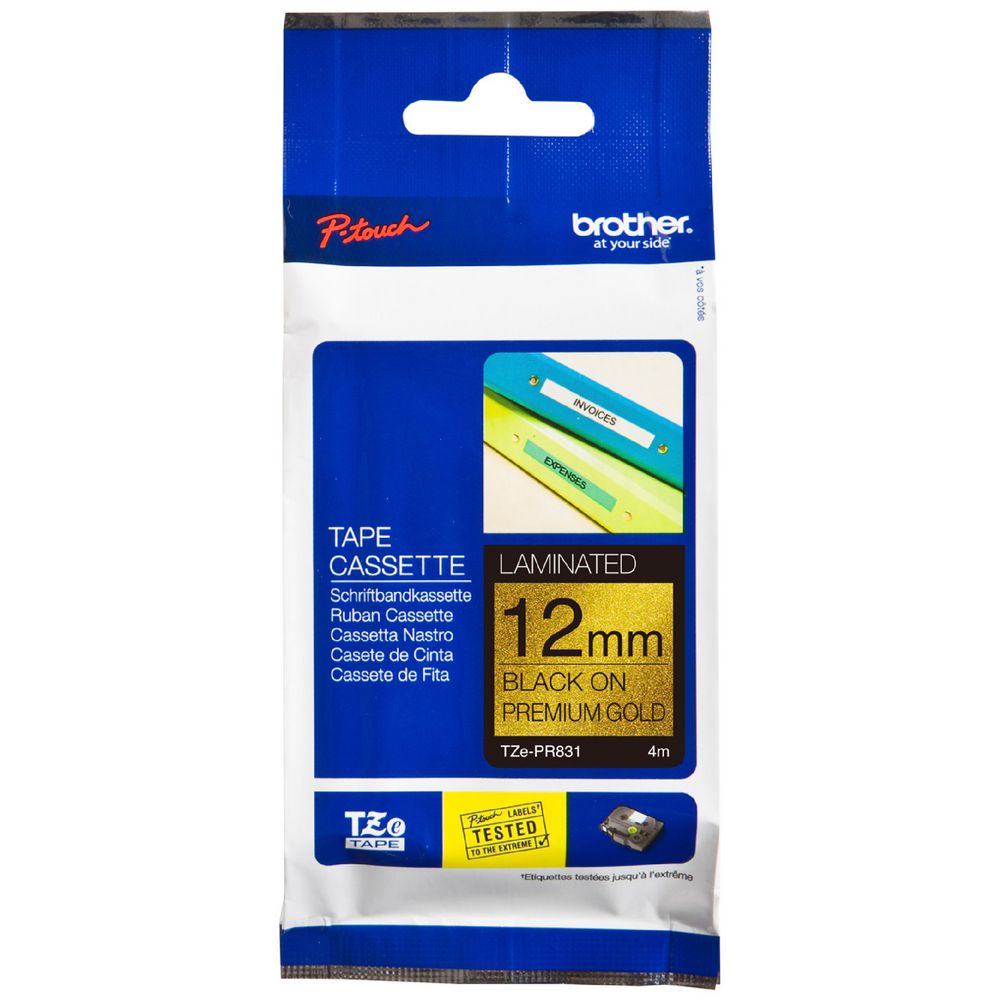 New, Pre-owned, Original Brother TZe-PR831 12mm (0.47") Black on Premium Glitter Gold Laminated Labeling Tape for P-touch Printer, 26.2'
