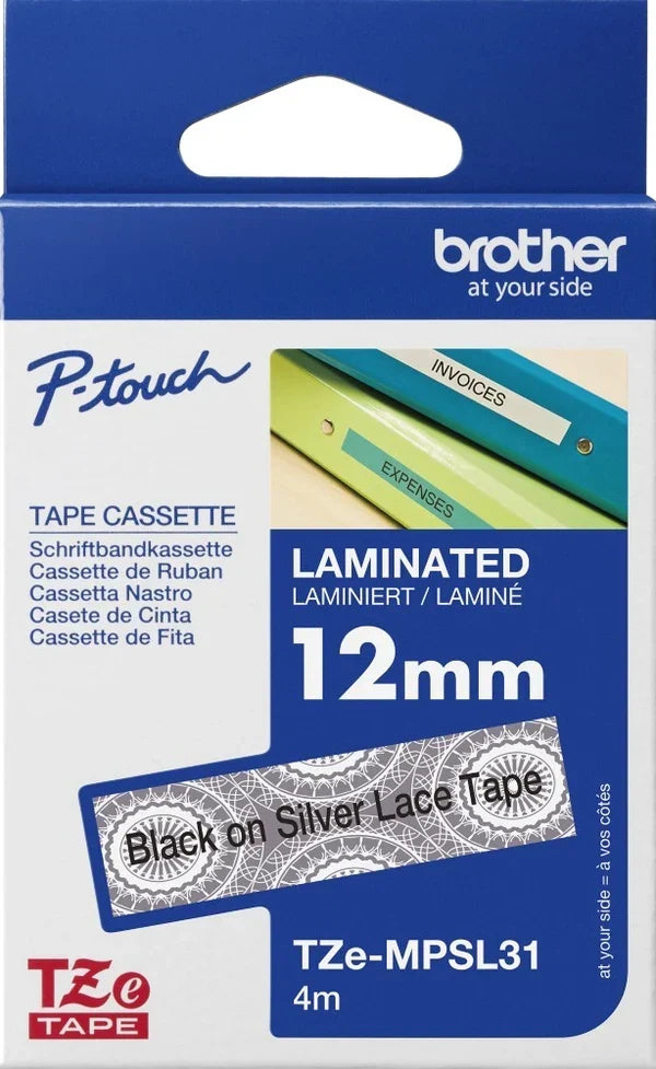 New, Pre-owned, Original Brother TZe-MPSL31 Labelling Tape Cassette, Black on Silver Lace, 12 mm (W) x 4 m (L)