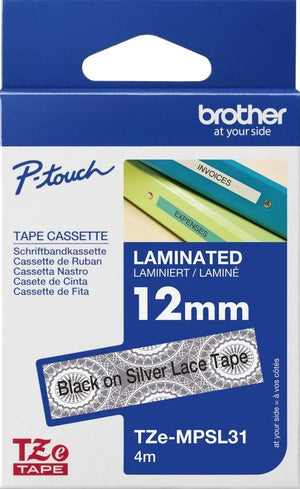 New, Pre-owned, Original Brother TZe-MPSL31 Labelling Tape Cassette, Black on Silver Lace, 12 mm (W) x 4 m (L)