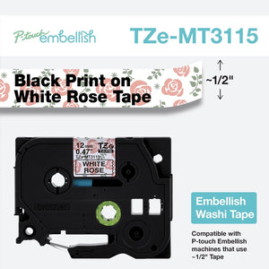 New, Pre-owned, Original Brother P-Touch Embellish Black Print on White Rose Washi Tape TZeMT3115 - ~~½” Wide x 13.1’ Long for use with P-Touch Embellish Ribbon & Tape Printer