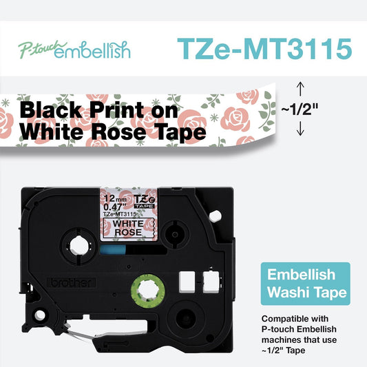 New, Pre-owned, Original Brother P-Touch Embellish Black Print on White Rose Washi Tape TZeMT3115 - ~~½” Wide x 13.1’ Long for use with P-Touch Embellish Ribbon & Tape Printer