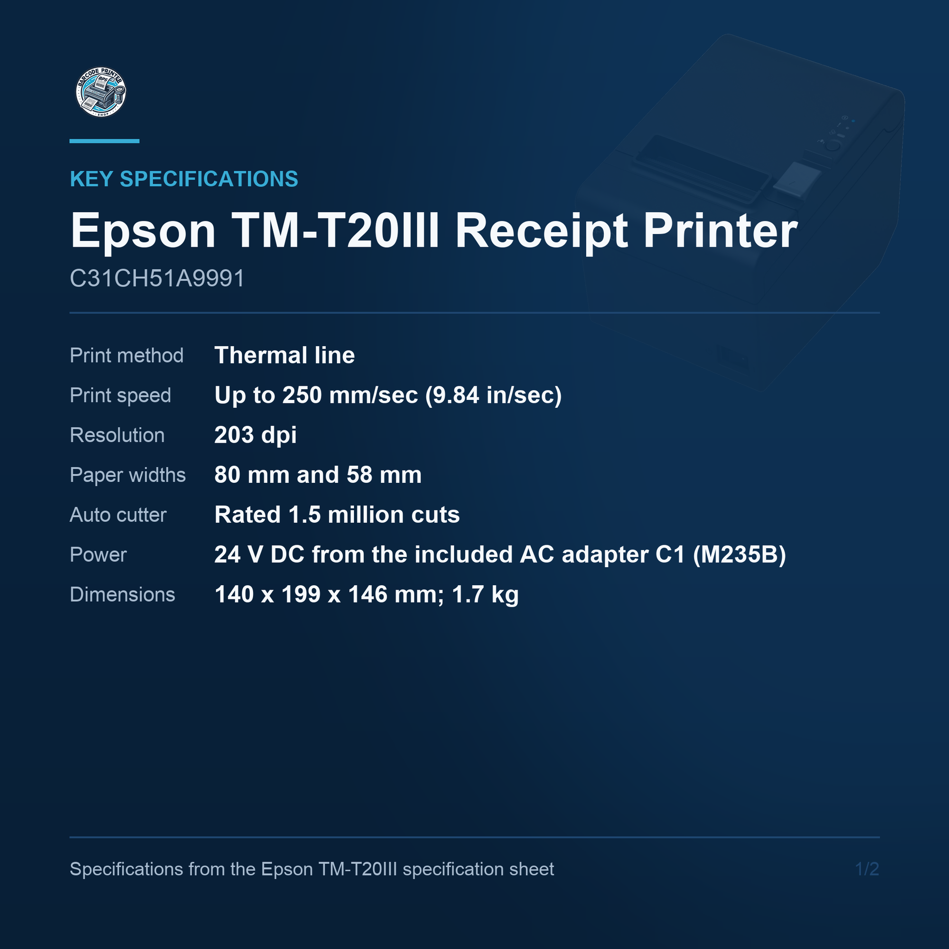Epson TM-T20III Receipt Printer C31CH51A9991 key specifications