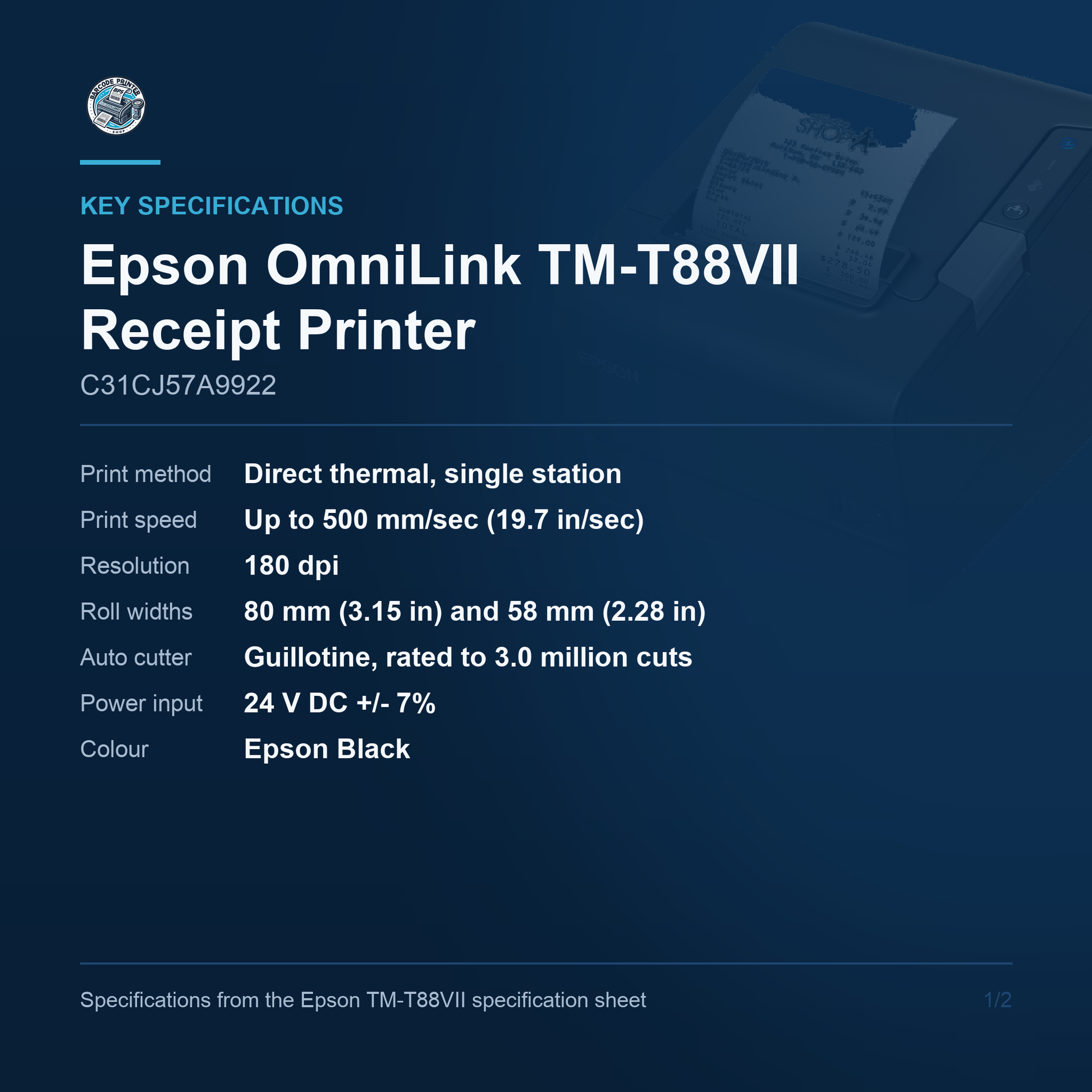 Epson OmniLink TM-T88VII Receipt Printer C31CJ57A9922 key specifications