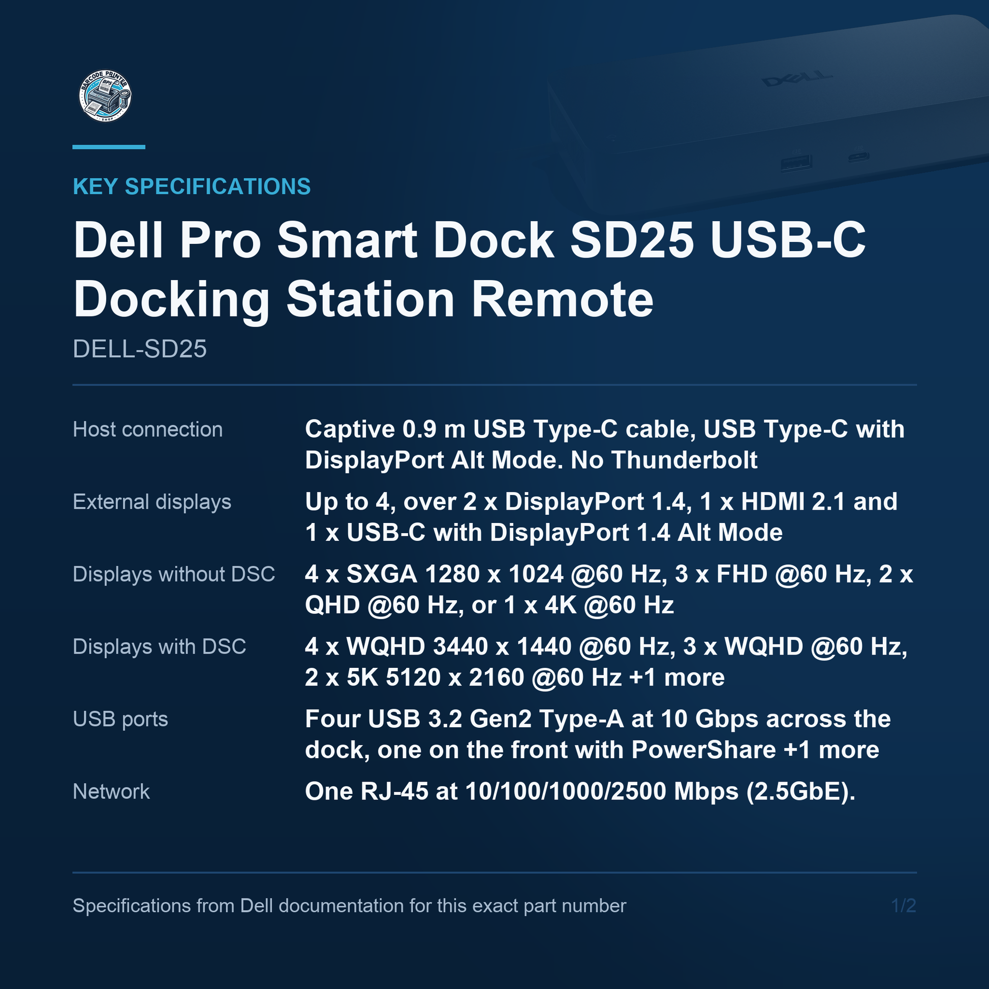 Dell Pro Smart Dock SD25 USB-C Docking Station Remote DELL-SD25 key specifications