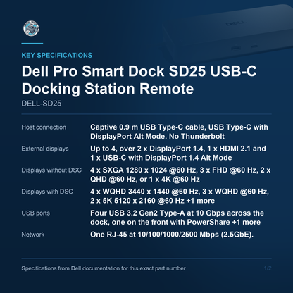 Dell Pro Smart Dock SD25 USB-C Docking Station Remote DELL-SD25 key specifications