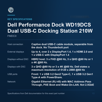 Dell Performance Dock WD19DCS Dual USB-C Docking Station 210W FMDC0 key specifications