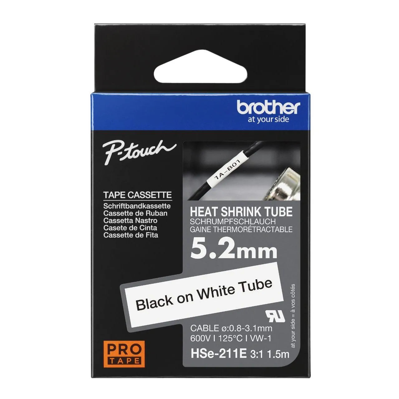 New, Pre-owned, Genuine Brother HSE-211E Heat Shrink Tape, Black On White, 5.22mm x 1.5m