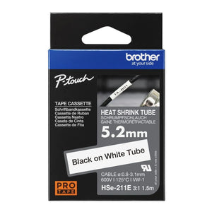 New, Pre-owned, Genuine Brother HSE-211E Heat Shrink Tape, Black On White, 5.22mm x 1.5m