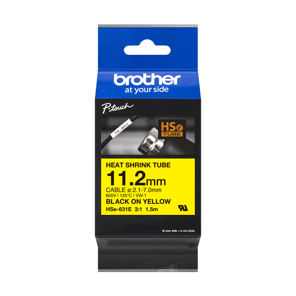 New, Pre-owned, Original Brother HSE-631E Heat Shrink Tape, Black On Yellow, 11.2mm x 1.5m