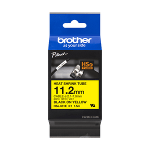 New, Pre-owned, Original Brother HSE-631E Heat Shrink Tape, Black On Yellow, 11.2mm x 1.5m
