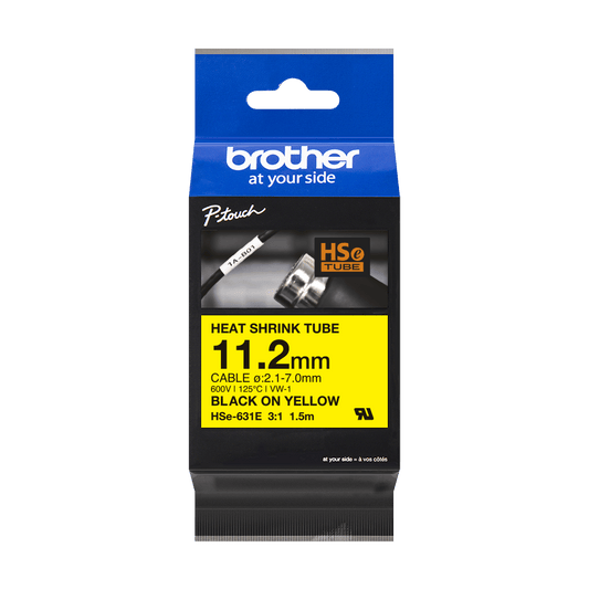 New, Pre-owned, Original Brother HSE-631E Heat Shrink Tape, Black On Yellow, 11.2mm x 1.5m