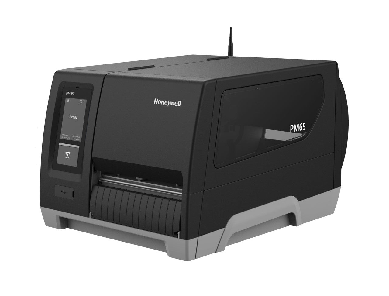 Honeywell PM65A industrial label printer, front angle view with Wi-Fi antenna and touch display