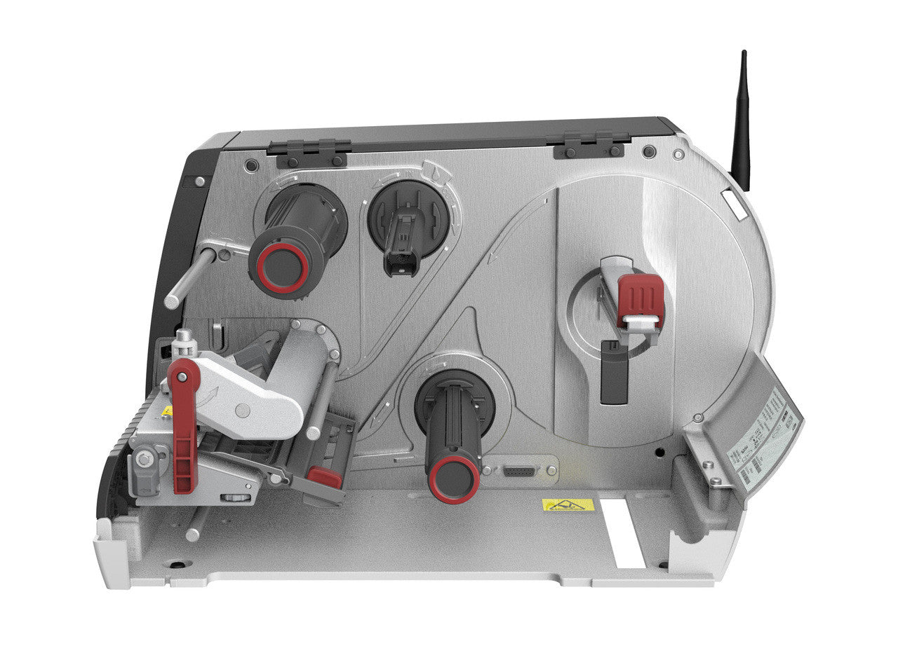 Honeywell PM65A industrial label printer opened, showing the media and ribbon path