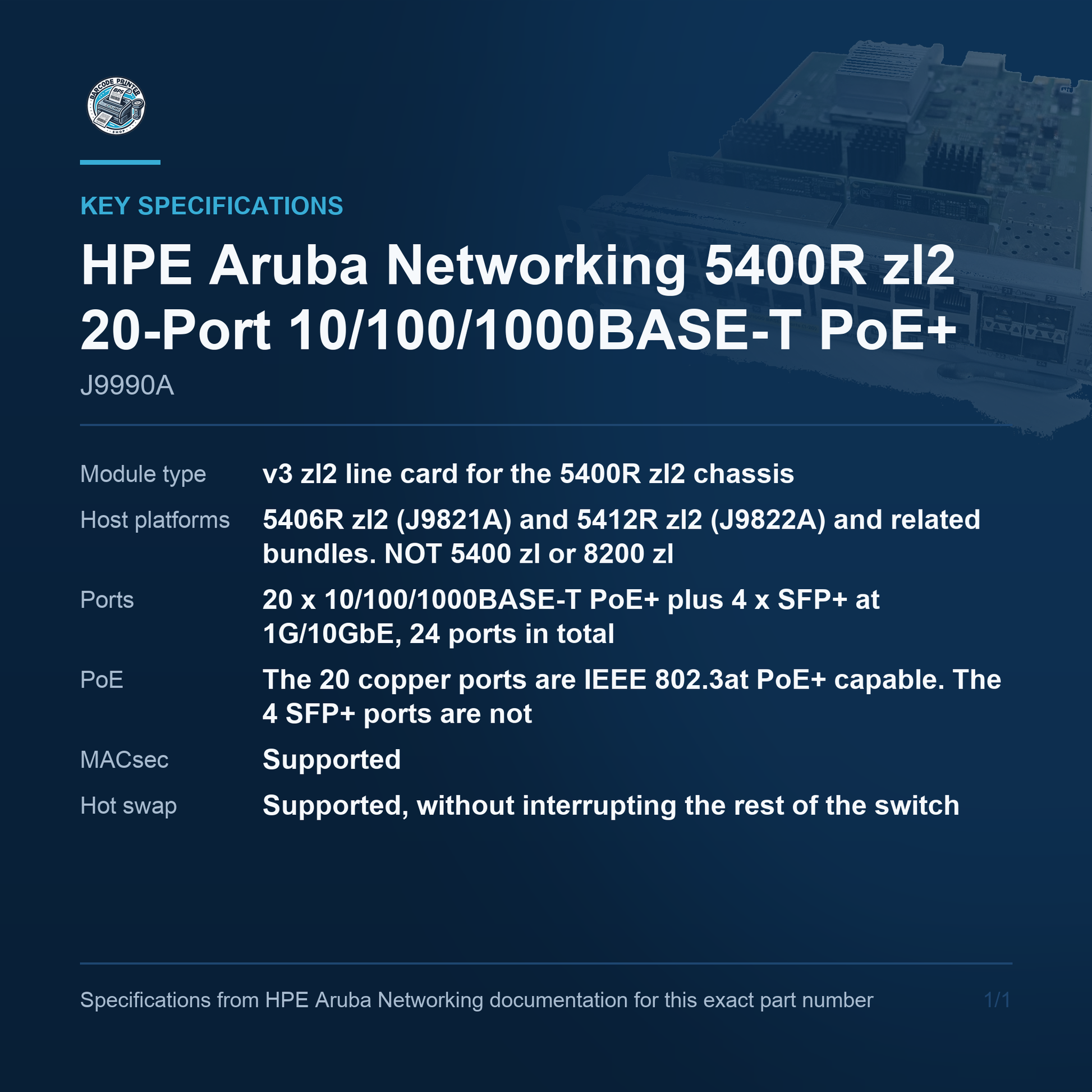 HPE Aruba Networking 5400R zl2 20-Port 10/100/1000BASE-T PoE+ J9990A key specifications