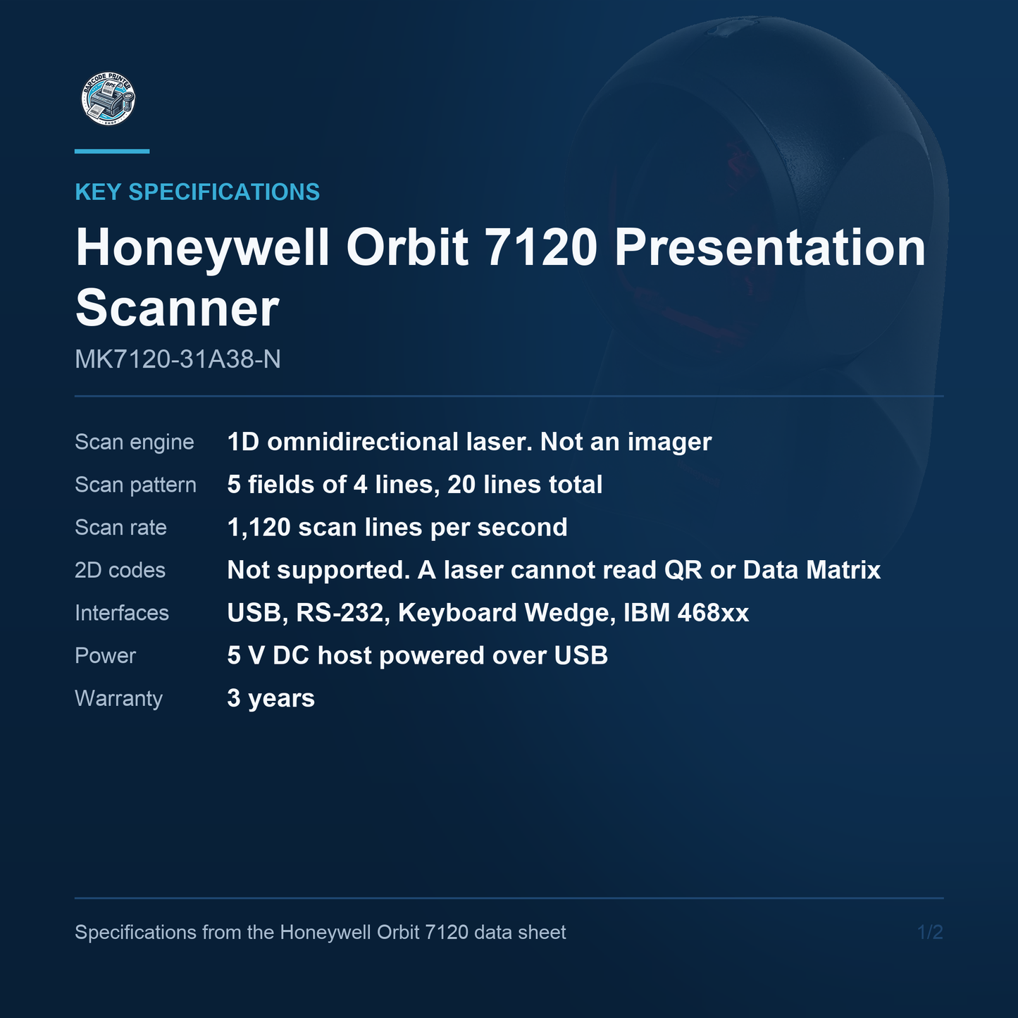 Honeywell Orbit 7120 Presentation Scanner MK7120-31A38-N key specifications