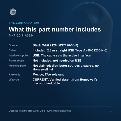 Honeywell Orbit 7120 Presentation Scanner MK7120-31A38-N - What this part number includes