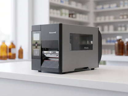 Honeywell PD45S industrial thermal transfer label printer in dark grey on a pharmacy counter — AI-generated image