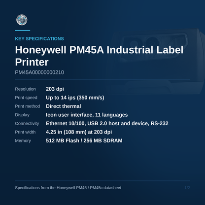 Honeywell PM45A PM45A00000000210 key specifications — 203 dpi, direct thermal, icon user interface, Ethernet