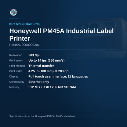 Honeywell PM45A industrial label printer PM45A10000000201 key specifications
