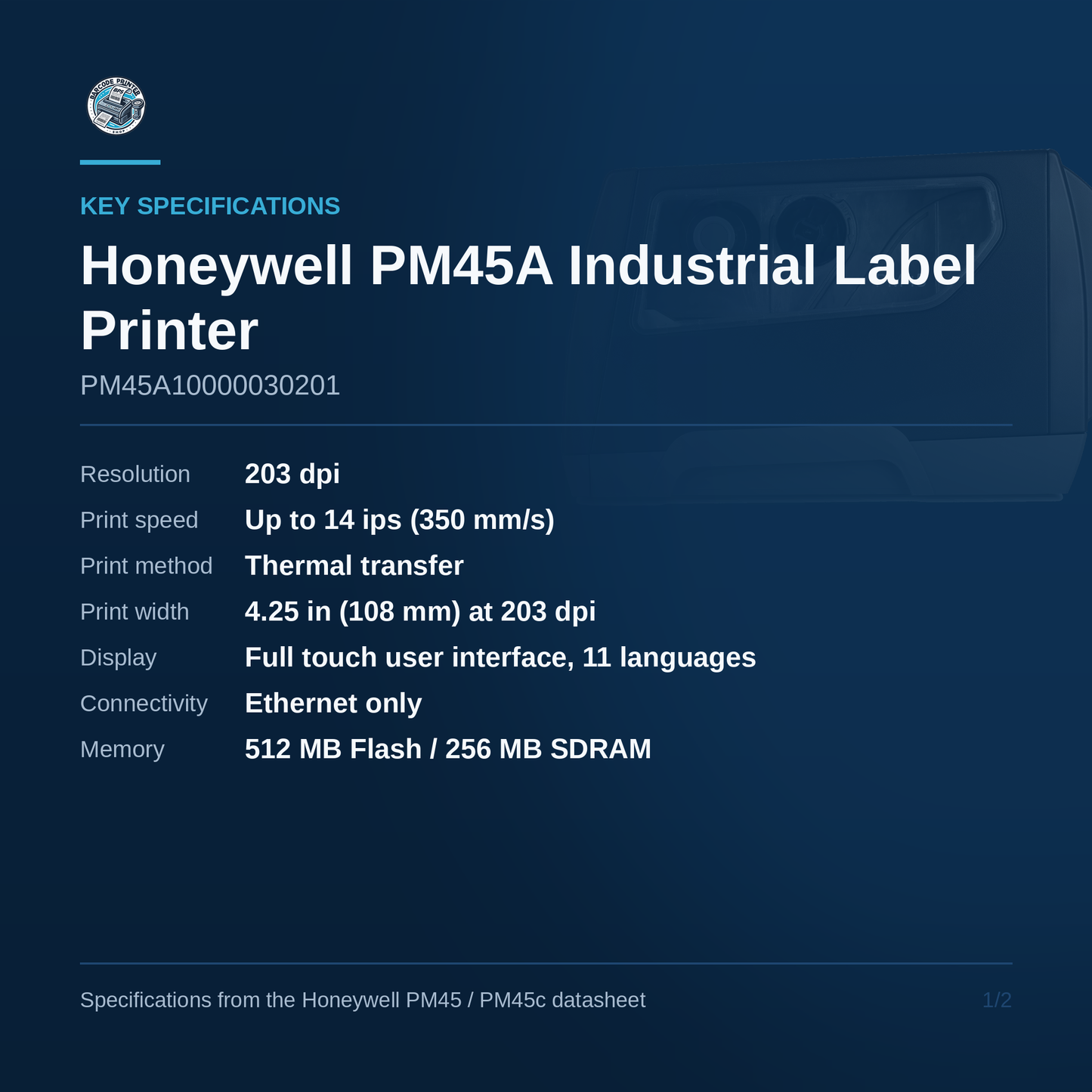 Honeywell PM45A industrial label printer PM45A10000030201 key specifications