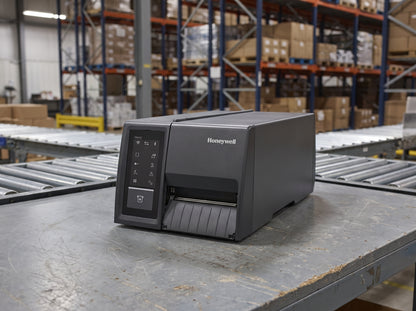 Honeywell PM45c industrial label printer on a packing station worktop beside a conveyor in a distribution centre