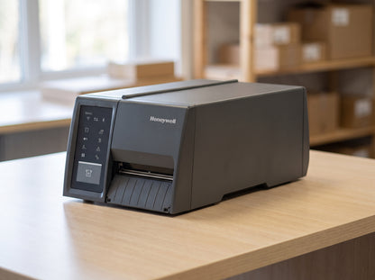 Honeywell PM45c compact industrial label printer on a light laminate worktop in a shipping office