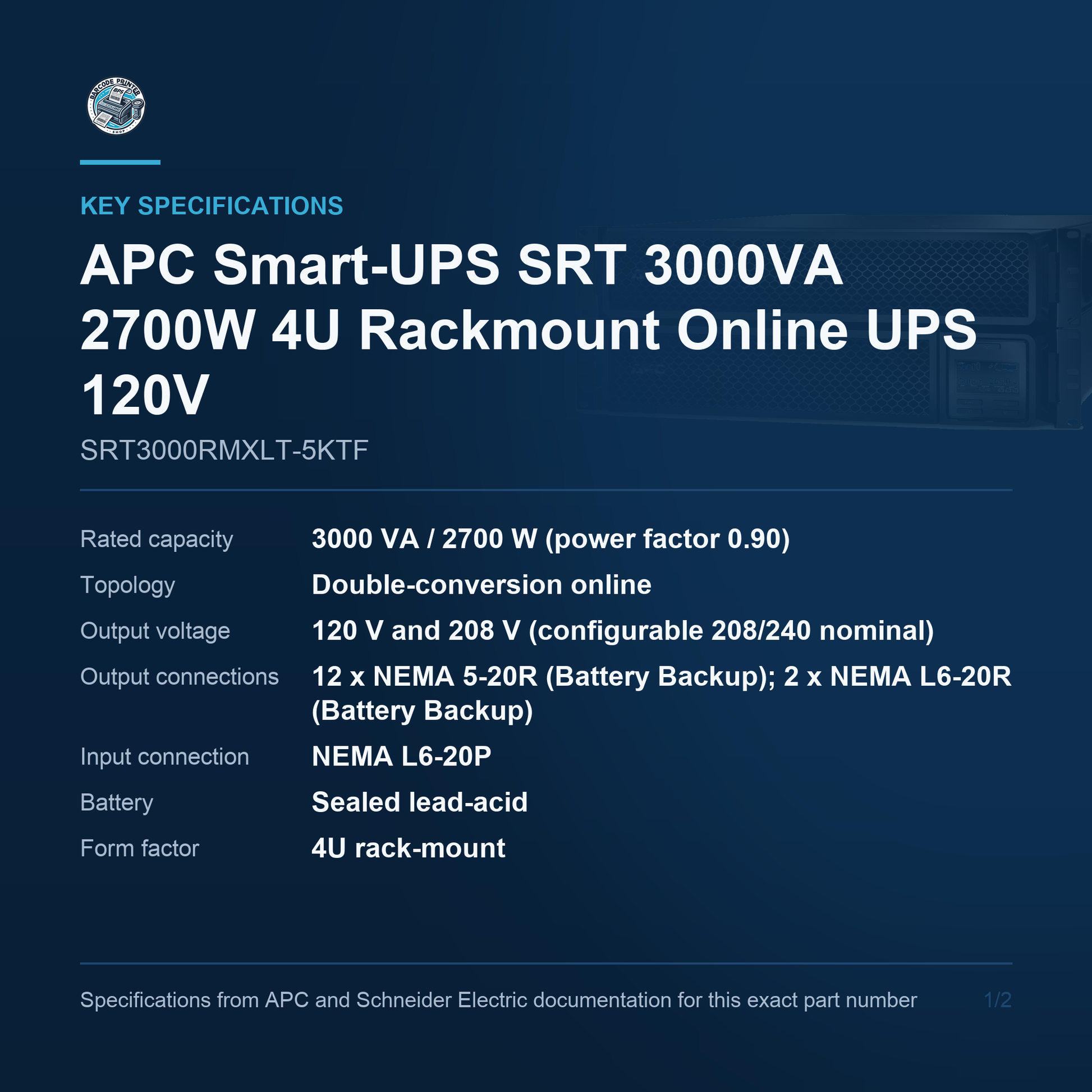 APC Smart-UPS SRT SRT3000RMXLT-5KTF key specifications