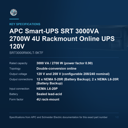 APC Smart-UPS SRT SRT3000RMXLT-5KTF key specifications