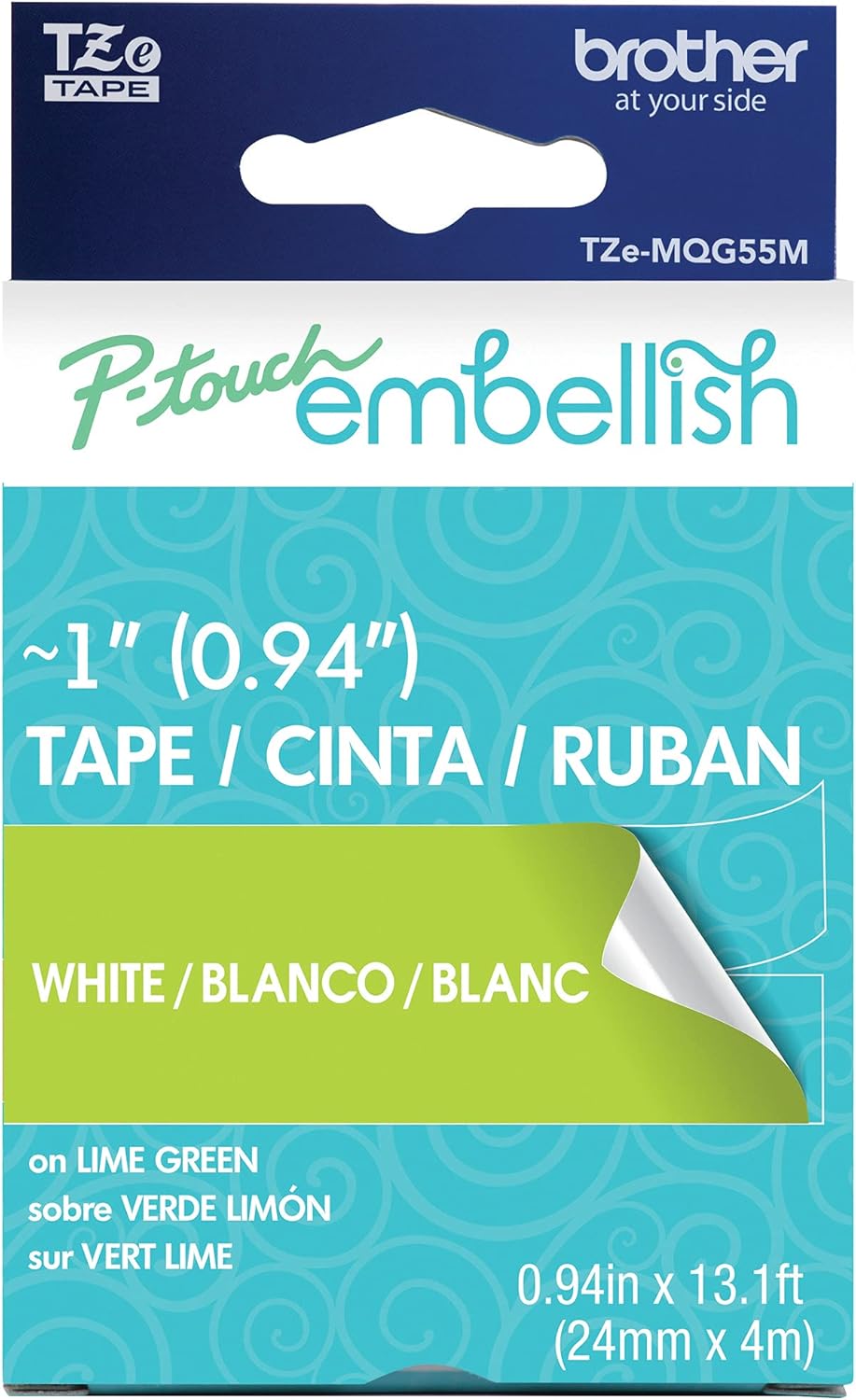 New, Pre-owned, Original Brother P-Touch Embellish White Print on Lime Green Tape TZE-MQG55M - ~1" Wide x 13.1’ Long (24mm x 4m)