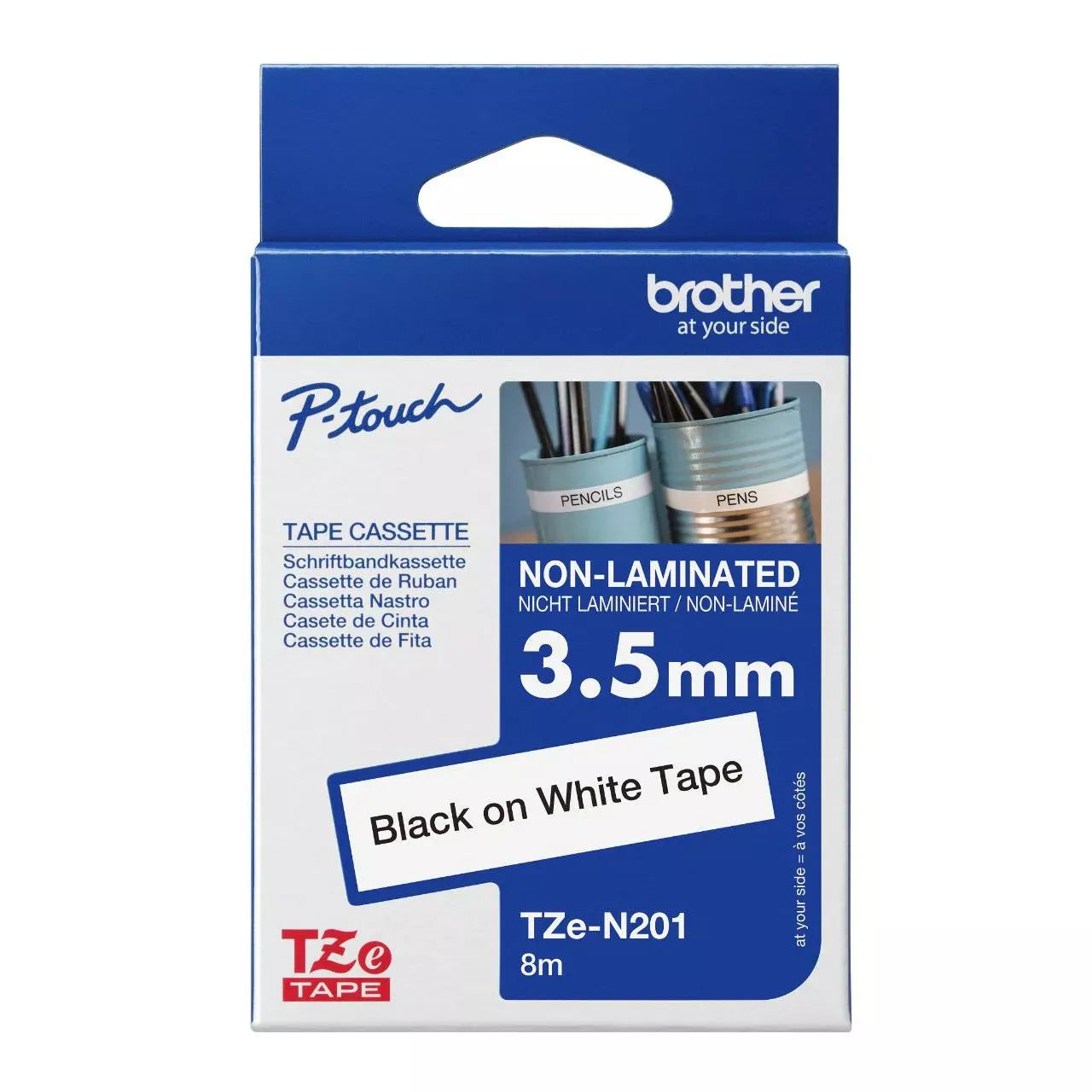 New, Pre-owned, Genuine Brother P-Touch TZE-N201 Super-Narrow Black on White Non-Laminated Tape, , 0.13" x 26.2' (3.5mm x 8M)