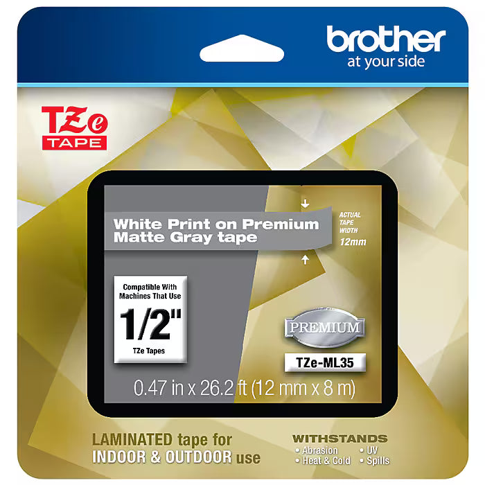 New, Pre-owned, Original Brother P-Touch TZe-ML35 White Print on Premium Matte Gray Laminated Tape 12mm (0.47”) Wide x 8m (26.2’) Long, TZEML35