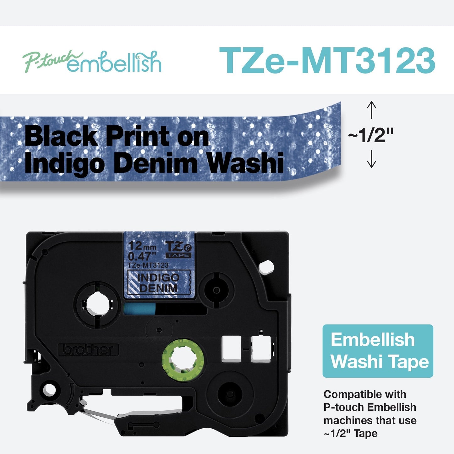 New, Pre-owned, Original Brother TZEMT3123 - P-touch Embellish Black on Indigo Denim Washi Tape 12mm